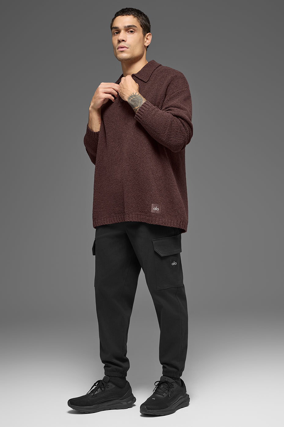 Textured Knit Long Sleeve Polo - Brownstone