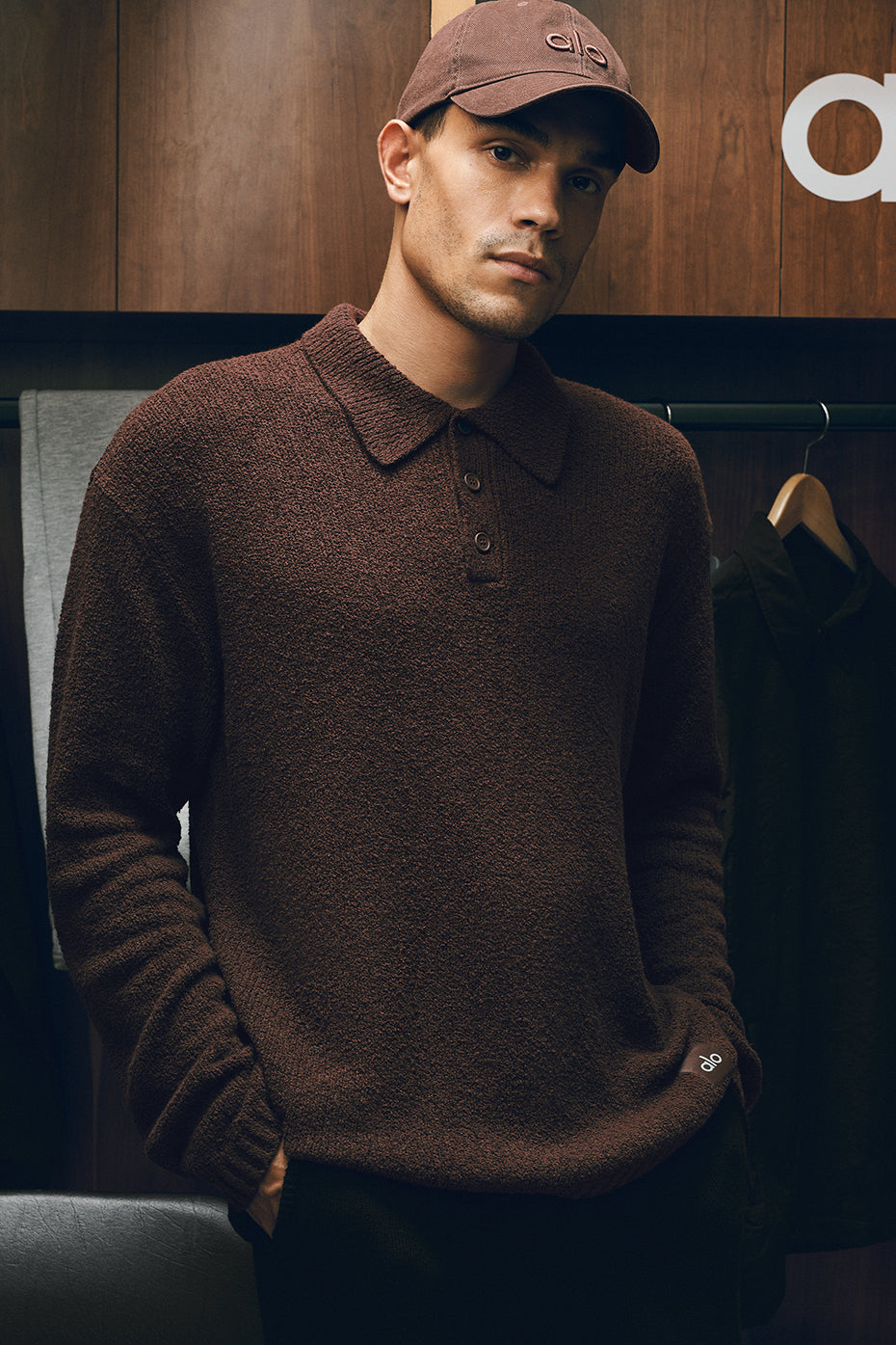 Textured Knit Long Sleeve Polo - Brownstone