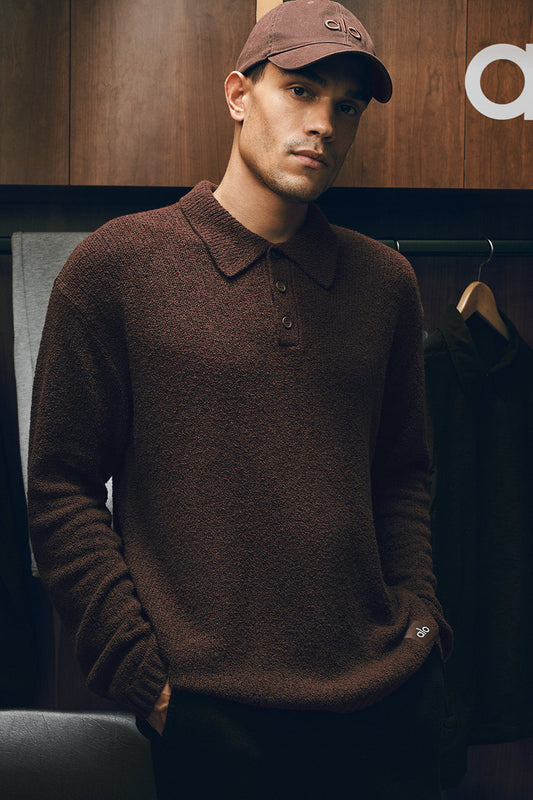 Textured Knit Long Sleeve Polo - Brownstone
